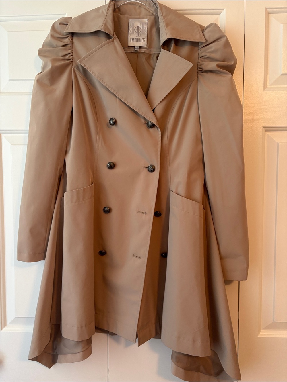 Jennifer Lopez Taupe Double-Breasted Trench Coat with Dramatic Hem